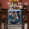 Blue retro jacquard table runner with botanical leaf pattern and multi-color tassels - Blue Protea Pattern with Blue Tassels / 35*120cm