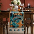 Dunkelblauer Jacquard Tischläufer mit blaugrünen Blättern und floralen Quasten-Details - 35X140cm / Eidotterblume Blau Quaste