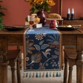 Dark blue floral jacquard table runner with tassels on a wooden dining table - Blue Morning Glory Pattern with Blue Tassels / 35*120cm