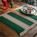 Handwoven green and beige striped placemat with cotton tassels for dining decor - Green On Both Sides