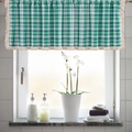 Green and white plaid short curtain with cream tassels in a rustic kitchen window - Custom Size / Grid Light Green Pattern