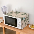 Linen microwave dust cover with green pine needles print, pom-pom trim and side pockets - 30*90cm / Green Pine Cone
