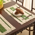 Striped woven placemat in green and beige with tassel edges for dining table decor - Emerald Green Three-Stripe White Fringe Placemat