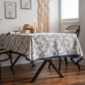 French retro cotton linen tablecloth with blue rose floral pattern and lace edge - 60*60cm / Blue Rose Custom Size