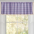 Short window valance featuring purple and blue plaid pattern with decorative fringe trim - Custom Size / Grid Light Purple Pattern