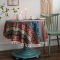 Bohemian round tablecloth with mandala patterns and white cotton tassel edge for home decor - Round 150cm / Floral Striped Multicolor