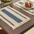 Bohemian woven placemat in beige and navy blue stripes with decorative fringes - Lake Blue Three-Stripe White Fringe Placemat