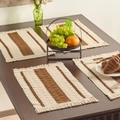 Set of 4 woven jute placemats featuring cream and brown stripes with fringe edges - Khaki Three-Stripe White Fringe Placemat