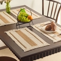 Set of 4 woven place mats featuring beige and brown stripes with fringe tassels - Jute Three-Stripe White Fringe Placemat