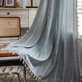Blue cotton linen curtain with embroidered white hearts and handmade tassel edge - Many Gray Lines + Rice Broom Handle / 132*160