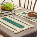 Bohemian woven striped placemat in cream and forest green with decorative fringe - Dark Green Three-Stripe White Fringe Placemat