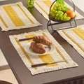 Set of four handwoven cotton linen placemats with yellow stripes and fringe details - Soft Yellow Three-Stripe White Fringe Placemat