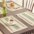 Set of 4 woven rectangle placemats with sage green stripes and fringe tassels - Light Green Three-Stripe White Fringe Placemat