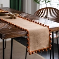 Bohemian jute table runner with bright orange pom-pom lace trim for dining decor - 30x120cm / Natural Jute With Orange Pom-poms