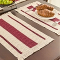 Woven cotton linen placemat with burgundy stripes and elegant tassels on dark wood - Jujube Red Three-Stripe White Fringe Placemat
