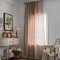 Linen texture beige curtain with brown stripes and decorative side tassels for living room - Three-line Coffee + Rice Broom Hook / 132*274