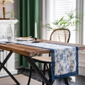 Floral table runner with navy blue rose patterns and hollow lace edges on wooden table - Table Runner 33x300 / Blue Rose Floral Single Layer Flat Head With Navy Lace