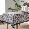 Navy floral cotton linen tablecloth with lace edges in a rustic farmhouse style - Vine Leaf + Navy Lace / 60*60cm