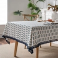 Linen table cloth with green wheat prints and elegant dark blue lace border decoration - 60*60cm / Green Wheat + Navy Lace