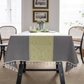 Grey rectangular linen tablecloth with yellow floral pattern and white tassels - Gray-green Chinese Knot Rice Broom Tablecloth / 140-260
