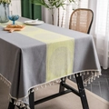 Gray and yellow rectangular tablecloth with mandala pattern and white tassel fringe - The Middle Gray-green Plate Rice Broom And Tablecloth / Custom Size