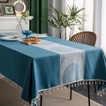 Morandi blue linen tablecloth with white mandala print and beige tassel edges - In The Middle There's A Blue Plate Rice A Broom And A Tablecloth. / Custom Size