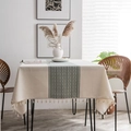 Modern cream tablecloth featuring a sage green jacquard stripe and tassel edge - Green Braided Rice Broom Tablecloth In The Middle / Custom Size