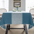 Blue-grey tablecloth with white damascus pattern and fringe tassels on a wooden table - Lanxiangyun Rice Broom Tablecloth / Custom Size