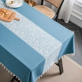 Morandi blue rectangular tablecloth with white leaf prints and white tassel edges - Orchid Leaf In The Middle Rice Broom Tablecloth / Custom Size