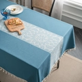 Modern navy blue tablecloth featuring white mandala patterns and white fringe tassels - In The Middle There's A Sunflower A Rice Broom And A Tablecloth. / Custom Size