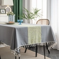 Gray rectangular tablecloth with yellow-green leaf patterns and white fringe edges - The Middle Gray-green Leaf Rice Broom Tablecloth / Custom Size