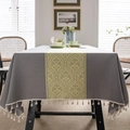 Grey rectangular tablecloth with yellow damascus pattern and white tassels - Gray-green Auspicious Cloud Rice Broom Tablecloth In The Middle / Custom Size