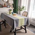 Grey linen tablecloth featuring yellow geometric jacquard stripes and ivory tassels - The Middle Gray-green Sunflower Rice Broom Tablecloth / Custom Size