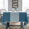 Bohemian teal cotton linen tablecloth with white jacquard patterns and decorative fringe - In The Middle There Is A Chinese Knot A Rice Broom And A Tablecloth. / Custom Size