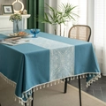 Peacock blue rectangular tablecloth with vintage lace pattern and white tassel trim - The Central Blue Diamond-shaped Rice Broom Tablecloth / Custom Size