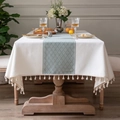 Creamy rectangular tablecloth with green geometric pattern and decorative tassels - Green Checkered Rice Broom Tablecloth In The Middle / Custom Size
