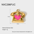 Macro shot of 18K gold plated vintage phone pendant with pink enamel heart and dimensions - Fuchsia Heart Vintage Telephone Style (NXC296FUC)