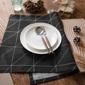 Minimalist black plaid cotton linen placemat with white lines and wooden cutlery set - 40*60cm / Large Black Chessboard
