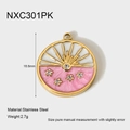 Detailed macro view of 18.6mm stainless steel round pendant with pink enamel and crystals - Pink Celestial Sunrise Circle (NXC301PK)