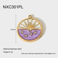 Detail of 18k gold plated stainless steel round pendant with enamel and star crystals - Purple Celestial Sunrise Circle (NXC301PL)