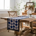 Navy blue geometric circle print table runner with elegant lace trim on a wood table - Table Runner 33x300 / Blue Polka Dot Single Layer Flat Head With Navy Lace