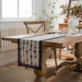 Rustic table runner with navy blue print and delicate lace trim on solid wood table - 33cmx140cm / Blue Abstract Wave Style (Vintage Lace)