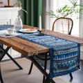 Ethnic geometric triangle print table runner in dark blue with delicate lace borders - Blue Triangle