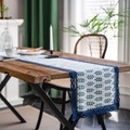 Navy blue leaf print table runner with lace border on wooden dining table surface - Green Wheat