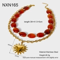 Detailed view of dual-layer stainless steel necklace with amber beads and heart pendant - Double-Layer Necklace (NXN165) / Gold (Amber Beads)