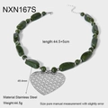 Détails et dimensions du collier de perles vertes avec grand pendentif cœur - 44.5+5cm / Argent (NXN167S)