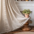 Linen texture semi-blackout curtains with hollow crochet lace and tassels for farmhouse decor - 150x260 / Polyester Linen Beige Tassel Rod Pocket