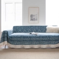 Ethnic style dark blue sofa cover with white geometric patterns and cream ruffled lace edge - Blue Tribal Geometric Ruffle
