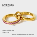 Detailed view of interlocked gold stainless steel rings with pink cubic zirconia stones - US 6 / Pink Zirconia Style (NXR55PK)