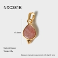 Detail of tear-drop pink quartz pendant with 18K gold plated copper edge and 17.5mm size - Medium / Strawberry Quartz Pink Style (NXC381B)